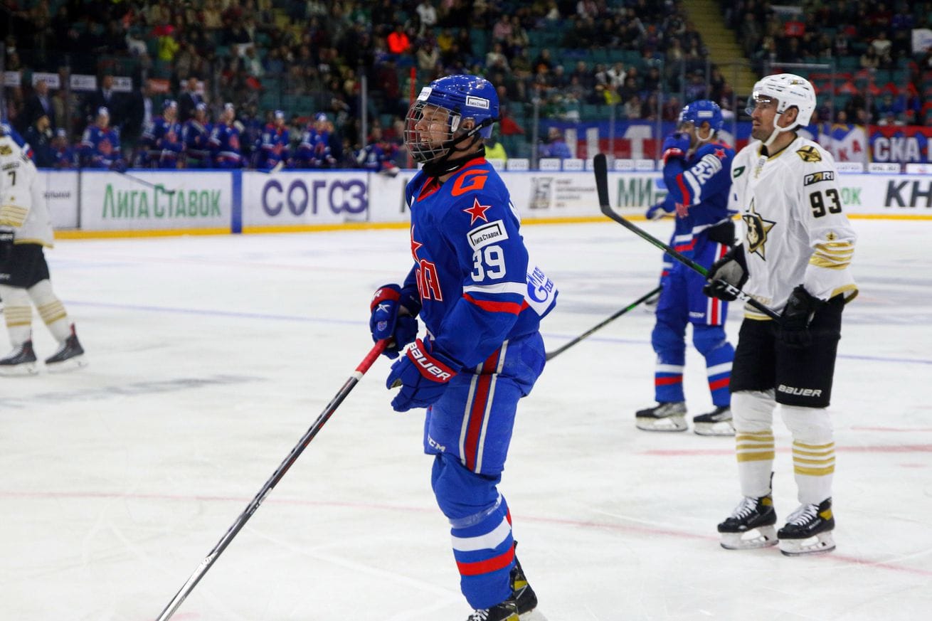 SKA Hockey Club player, Matvei Michkov (No.39) seen in...