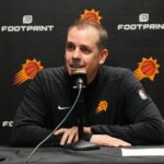 Mar 5, 2024; Denver, Colorado, USA; Phoenix Suns head coach Frank Vogel speaks before a game against the Denver Nuggets at Ball Arena. Mandatory Credit: Ron Chenoy-USA TODAY Sports