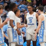 March 23, 2024, Charlotte, NC, USA; North Carolina Tar Heels forward Armando Bacot (5) celebrates with teammates against the Michigan State Spartans in the second round of the 2024 NCAA Tournament at the Spectrum Center. Mandatory Credit: Jim Dedmon-USA TODAY Sports