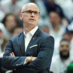 Feb 24, 2024; Storrs, Connecticut, USA; UConn Huskies head coach Dan Hurley watches from the sideline as they take on the Villanova Wildcats at Harry A. Gampel Pavilion. Mandatory Credit: David Butler II-USA TODAY Sports