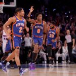 New York Knicks forward OG Anunoby celebrates against the Philadelphia 76ers