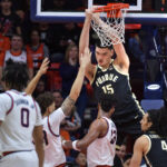 Purdue Boilermakers center Zach Edey (15) dunks the ball during the first half against the Illinois Fighting Illini at State Farm Center. Mandatory Credit: Ron Johnson-USA TODAY Sports