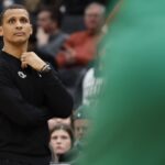 Dec 15, 2024; Washington, District of Columbia, USA; Boston Celtics head coach Joe Mazzulla looks on from the bench against the Washington Wizards in the second quarter at Capital One Arena. Mandatory Credit: Geoff Burke-Imagn Images Jaden Springer