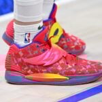 Dec 9, 2022; Dallas, Texas, USA; A view of the sneaker shoes of Milwaukee Bucks guard Pat Connaughton (24) as he warms up before the game between the Dallas Mavericks and the Milwaukee Bucks at the American Airlines Center. Mandatory Credit: Jerome Miron-USA TODAY Sports