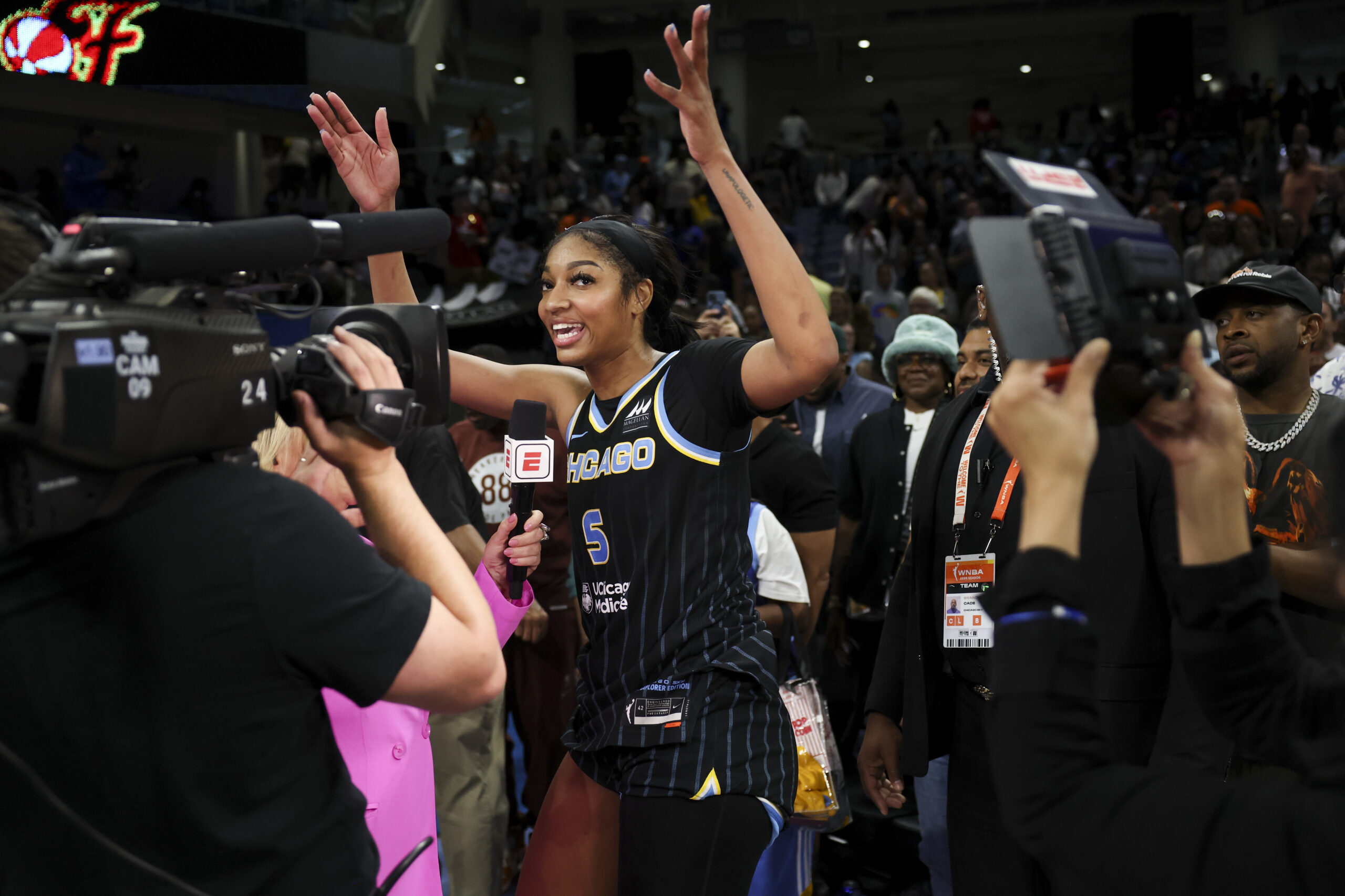 Chicago Sky forward Angel Reese is interviewed by Holly Rowe...
