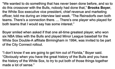 Brook Boyers statement on the City Connect jerseys, talking about Reinsdorf owning both teams and teasing us about Michael Jordan maybe wearing it.