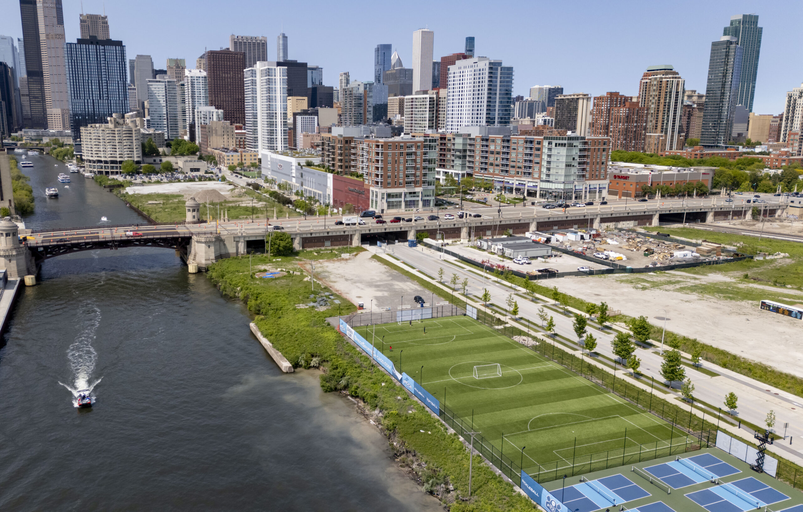 New pickleball courts and a soccer field are located along...