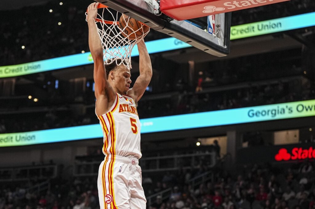 tlanta Hawks guard Dyson Daniels (5) dunks against the Portland Trail Blazers during the first half at State Farm Arena.