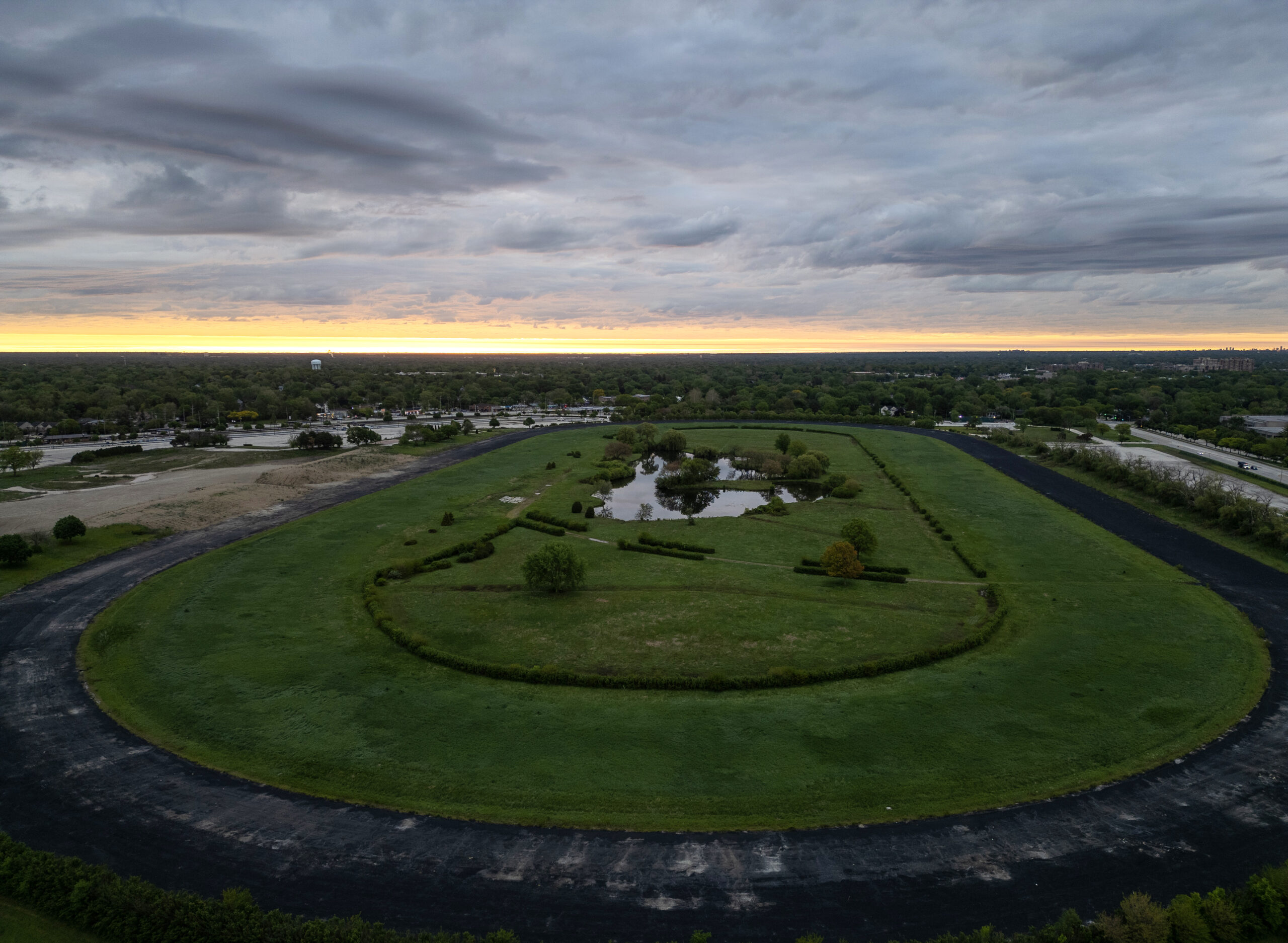 The former Arlington International Racecourse facing east at sunrise on...