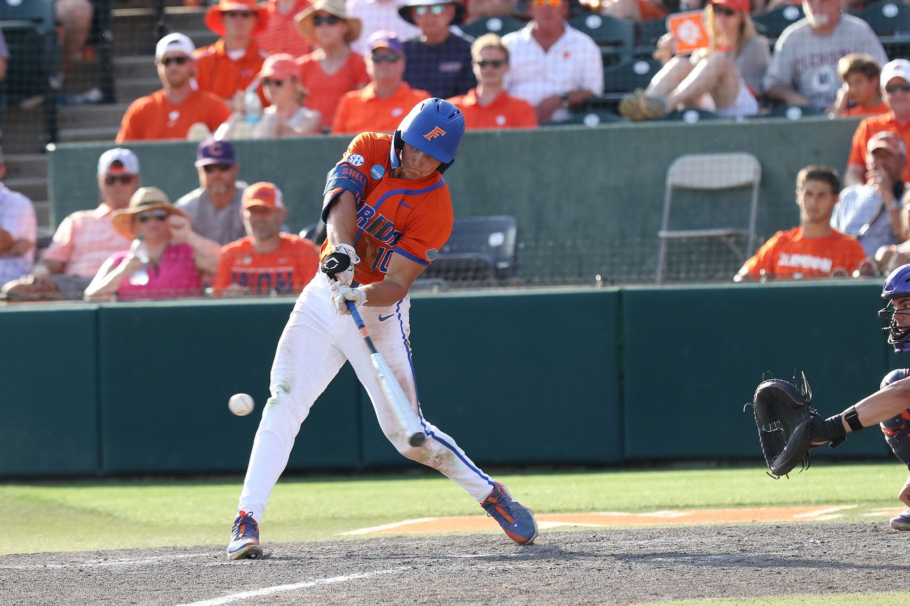 Florida Gators infield Colby Shelton (10) during the College D1 Baseball Super Regional game between the Florida Gators and the Clemson Tigers on June 9, 2024 at Doug Kingsmore Stadium in Clemson, S.C.