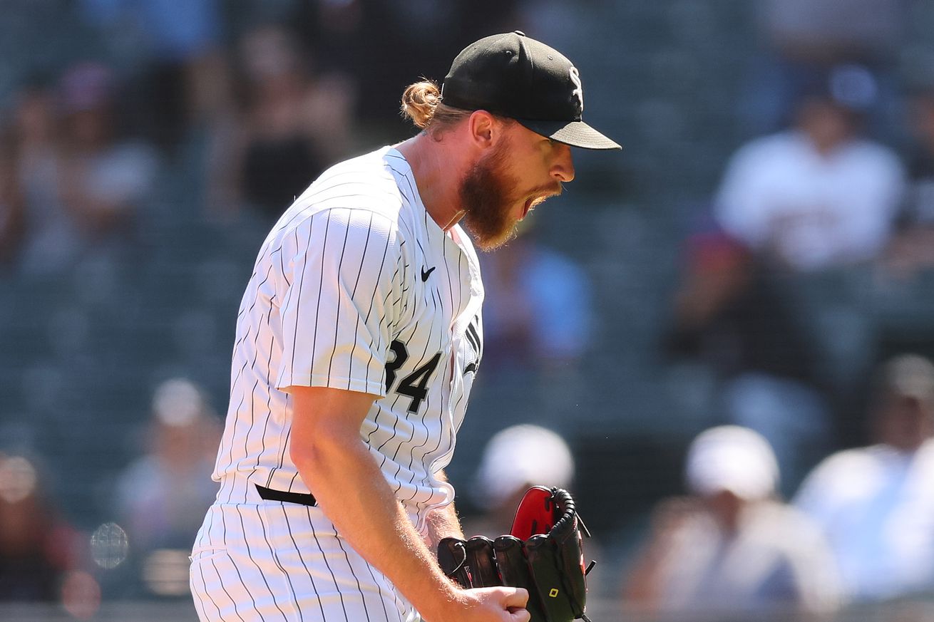 Michael Kopech #34 of the Chicago White Sox celebrates by screaming after the final out to defeat the Minnesota Twins 3-1 at Guaranteed Rate Field on July 10, 2024 in Chicago, Illinois.