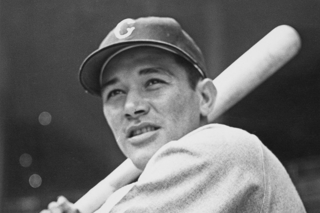 Venezuelan baseball player Chico Carrasquel, Chicago White Sox shortstop, United States, May 1950, shot from below in his batting stance.