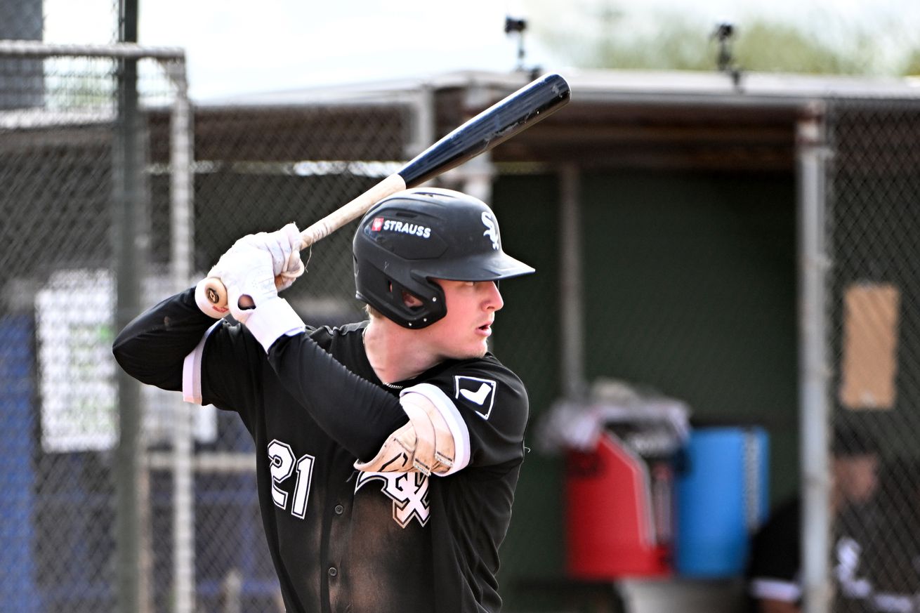 Caleb Bonemer #21 of the Chicago White Sox bats during a minor league spring training game against the Los Angeles Dodgers at Camelback Ranch on March 12, 2025 in Glendale, Arizona.