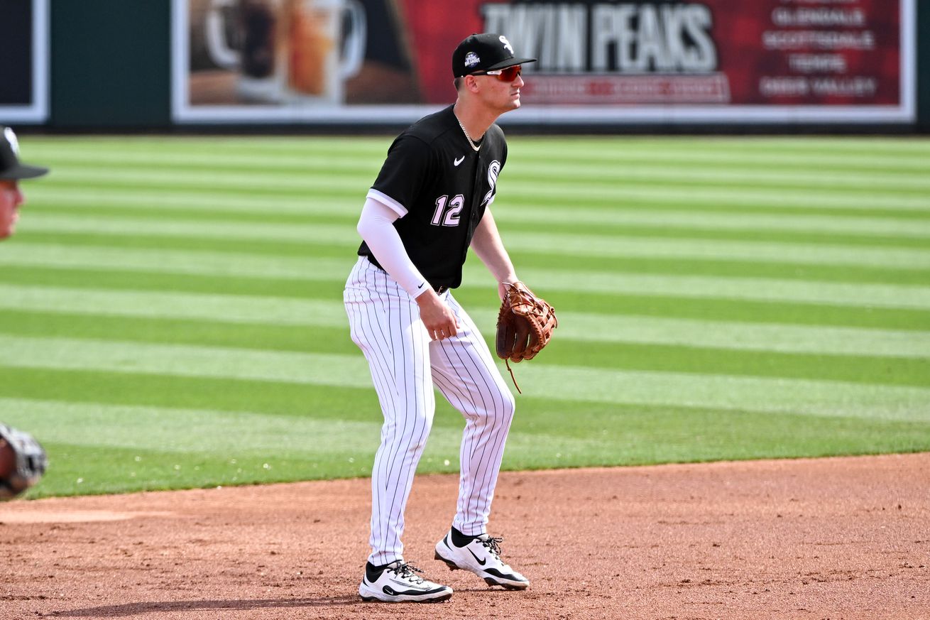 Colson Montgomery #12 of the Chicago White Sox in the field during the second inning of a spring training Spring Breakout game against the Colorado Rockies at Camelback Ranch on March 16, 2025 in Glendale, Arizona.