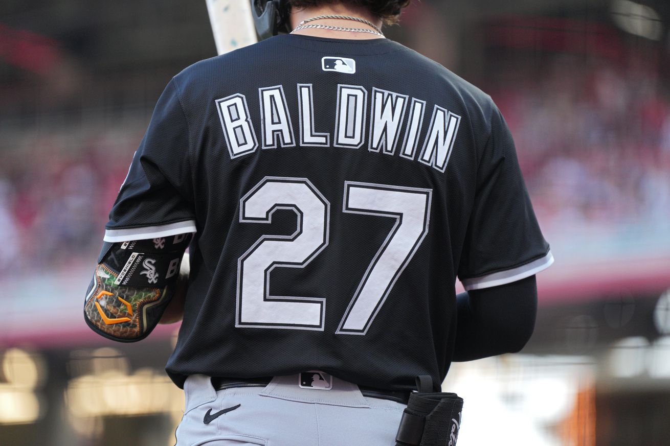 Brooks Baldwin #27 of the Chicago White Sox bats during a baseball game against the Cincinnati Reds at Great American Ball Park on May 14, 2025 in Cincinnati, Ohio. Photo is a closeup of the back of Baldwin’s jersey reading BALDWIN 27.