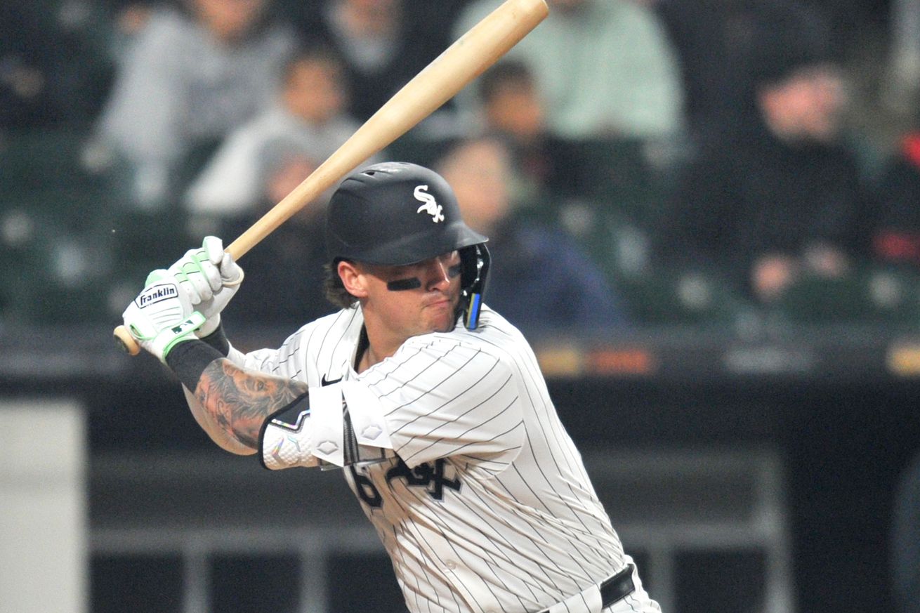 Chicago White Sox catcher Korey Lee (26) at bat during a baseball game against the Detroit Tigers on June 4, 2025, at Rate Field in Chicago, IL.
