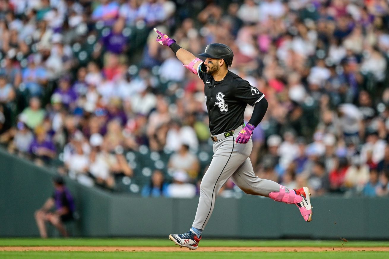 Edgar Quero #7 of the Chicago White Sox celebrates his sixth inning solo home run against the Colorado Rockies at Coors Field on July 4, 2025 in Denver, Colorado.