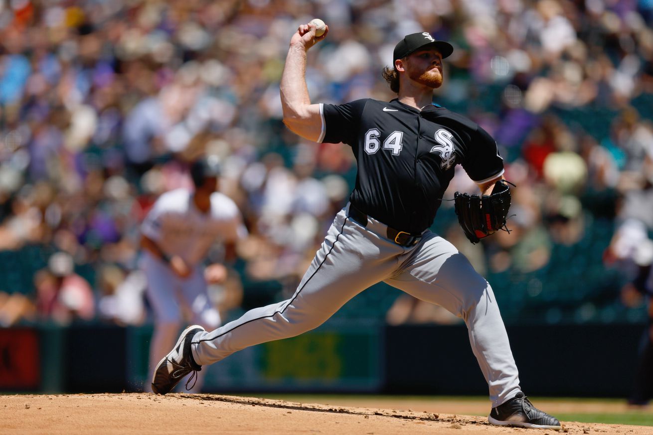 Starting pitcher Shane Smith #64 of the Chicago White Sox delivers a pitch to home plate in the second inning against the Colorado Rockies at Coors Field on July 6, 2025 in Denver, Colorado.