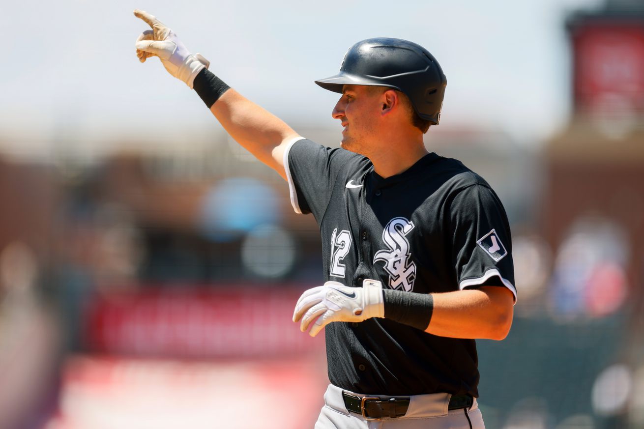 Colson Montgomery #12 of the Chicago White Sox celebrates towards the dugout after hitting an RBI single in the fifth inning against the Colorado Rockies at Coors Field on July 6, 2025 in Denver, Colorado.