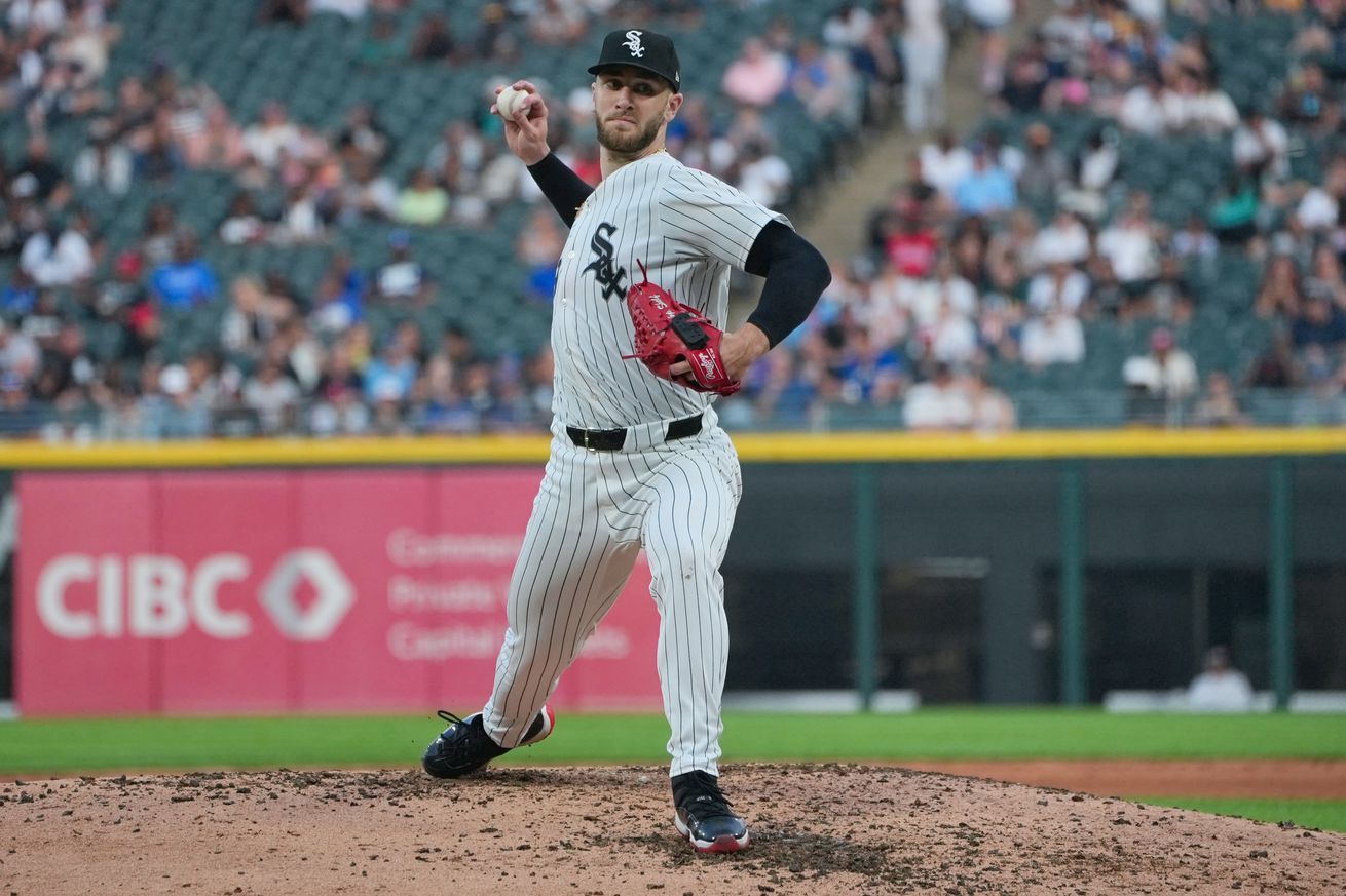 Sean Burke #59 of the Chicago White Sox pitches during the game between the Toronto Blue Jays and the Chicago White Sox at Rate Field on Monday, July 7, 2025 in Chicago, Illinois.