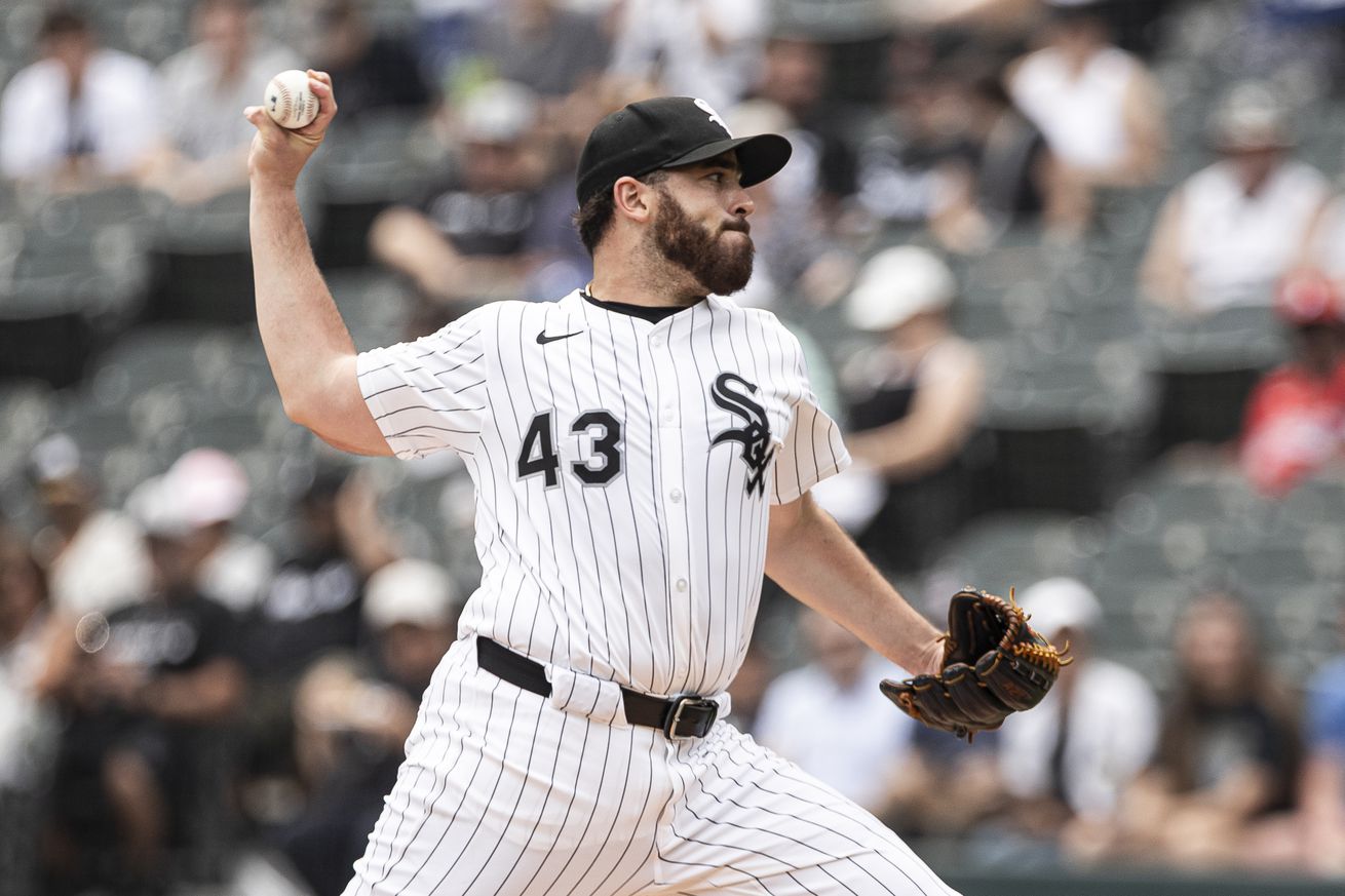 Aaron Civale #43 of the Chicago White Sox delivers a pitch in the first inning against the Cleveland Guardians at Rate Field on July 13, 2025 in Chicago, Illinois.
