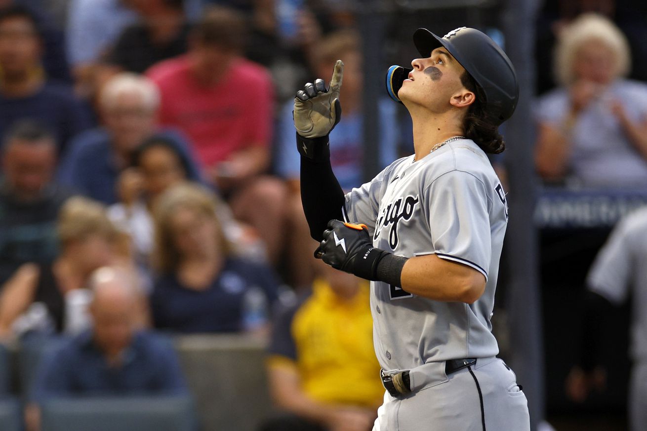 Brooks Baldwin #27 of the Chicago White Sox is celebrates after hitting a three run home run in the second inning during a game against the Tampa Bay Rays at George M. Steinbrenner Field on July 21, 2025 in Tampa, Florida.