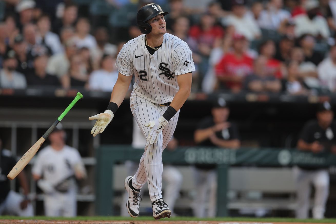 Colson Montgomery watching the ball sail, while tossing his bat running to first during the July 28 Phillies at White Sox game