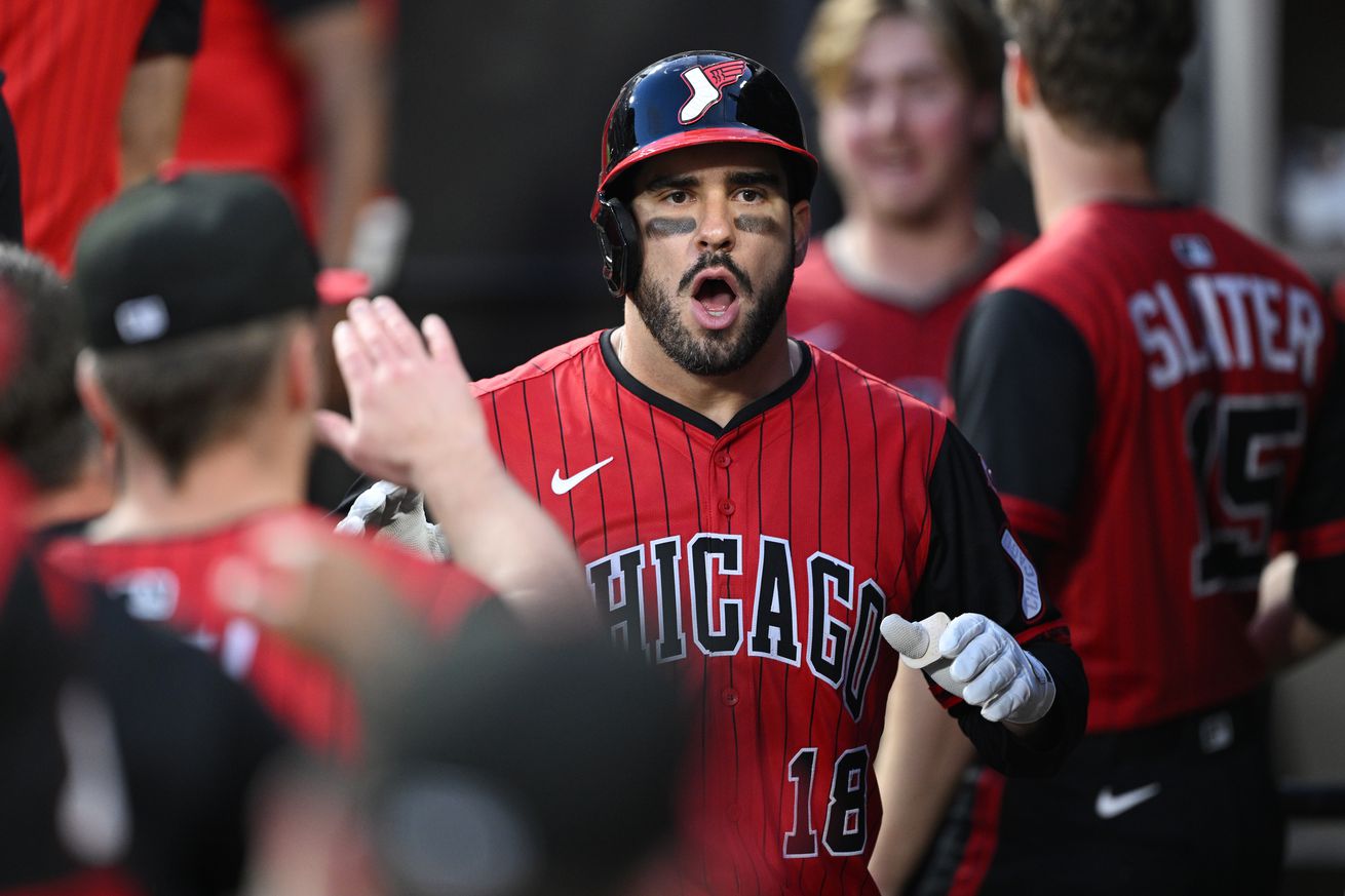 Mike Tauchman #18 of the Chicago White Sox celebrates his two run home run against the Chicago Cubs during the fourth inning at Rate Field on July 25, 2025 in Chicago, Illinois.