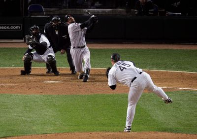 Designated hitter Jeff Bagwell #5 of the Houston Astros strikes out to end the eighth inning from pitcher Bobby Jenks #45 of the Chicago White Sox in Game One of the 2005 Major League Baseball World Series at U.S. Celluar Field on October 22, 2005 in Chicago, Illinois.