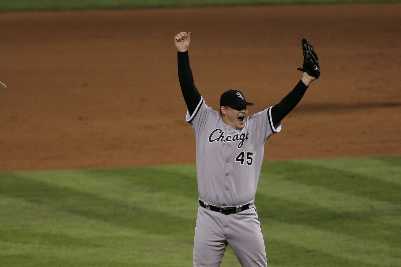Bobby Jenks of the Chicago White Sox celebrates by jumping in the air on the mound after the final out, winning the World Series after Game Four against the Houston Astros at Minute Maid Park on October 26, 2005 in Houston, Texas. The White Sox defeated the Astros 1-0.