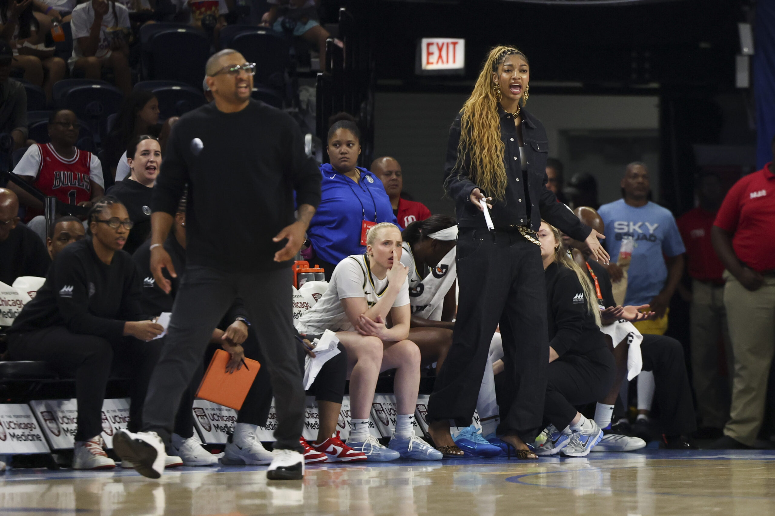 Chicago Sky forward Angel Reese (5) reacts after a foul...