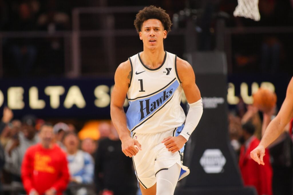 Atlanta Hawks forward Jalen Johnson (1) reacts after a dunk against the Chicago Bulls in the fourth quarter at State Farm Arena.