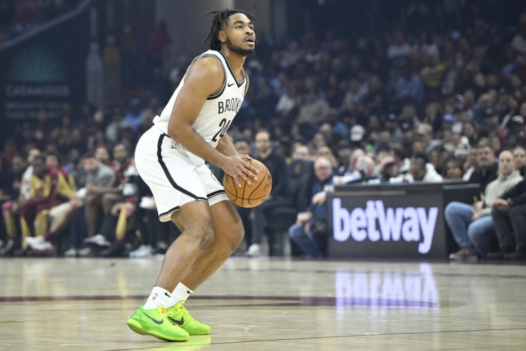 Mar 11, 2025; Cleveland, Ohio, USA; Brooklyn Nets guard Cam Thomas (24) looks to the basket in the first quarter against the Cleveland Cavaliers at Rocket Arena. Mandatory Credit: David Richard-Imagn Images