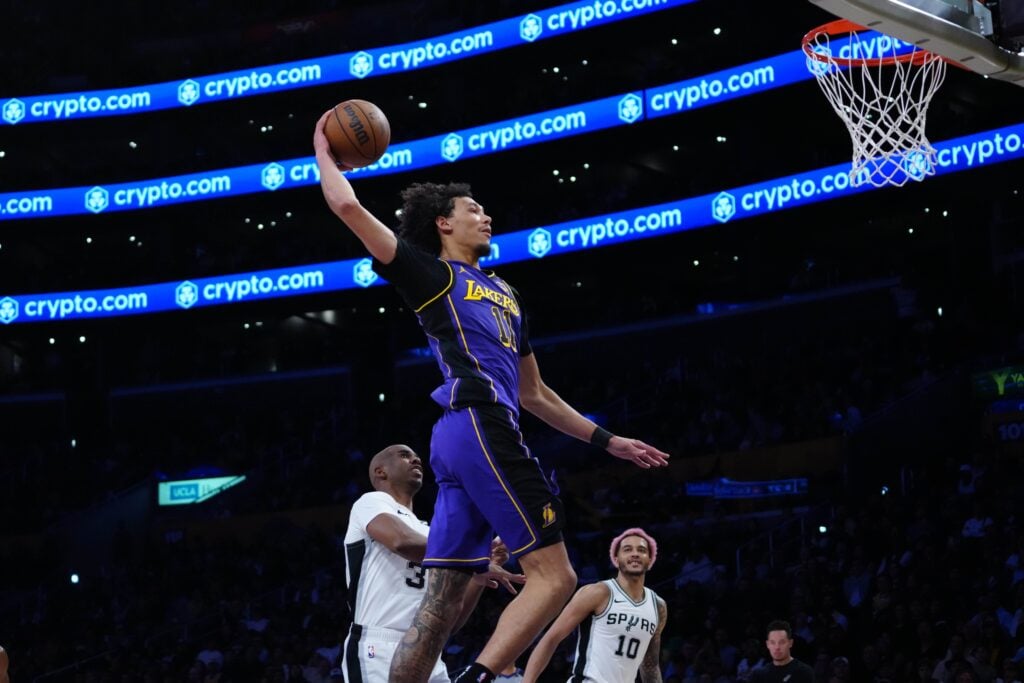 Mar 17, 2025; Los Angeles, California, USA; Los Angeles Lakers center Jaxson Hayes (11) dunks the ball against the San Antonio Spurs in the first half at Crypto.com Arena. Mandatory Credit: Kirby Lee-Imagn Images