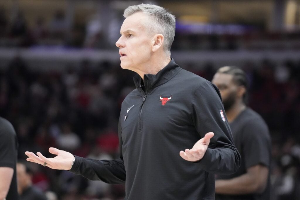Apr 16, 2025; Chicago, Illinois, USA;Chicago Bulls head coach Billy Donovan gestures during the first quarter of a game against the Miami Heat at United Center. Mandatory Credit: David Banks-Imagn Images