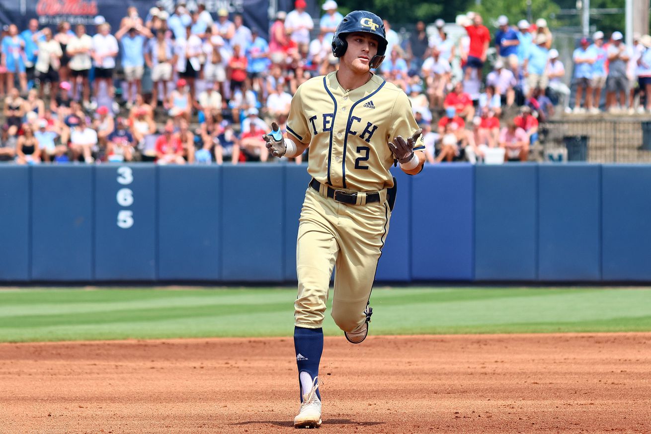 Georgia Tech Yellowjackets shortstop Kyle Lodise (2) reacts as he runs the bases after a home run during the first inning against the Mississippi Rebels.