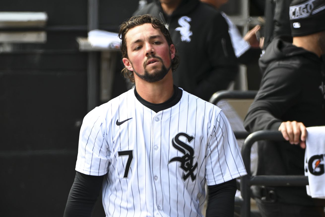 Dominic Fletcher #7 of the Chicago White Sox walks in a game against the Detroit Tigers at Guaranteed Rate Field on March 31, 2024 in Chicago, Illinois.