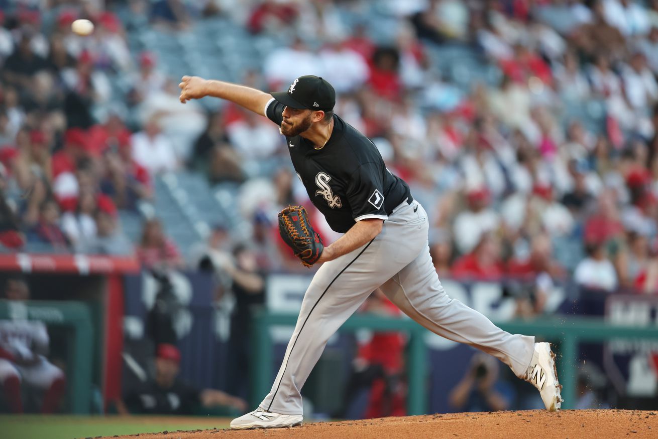 Chicago White Sox pitcher Aaron Civale #43 throws a pitch in the first inning against the Los Angeles Angels at Angel Stadium of Anaheim on August 02, 2025 in Anaheim, California.