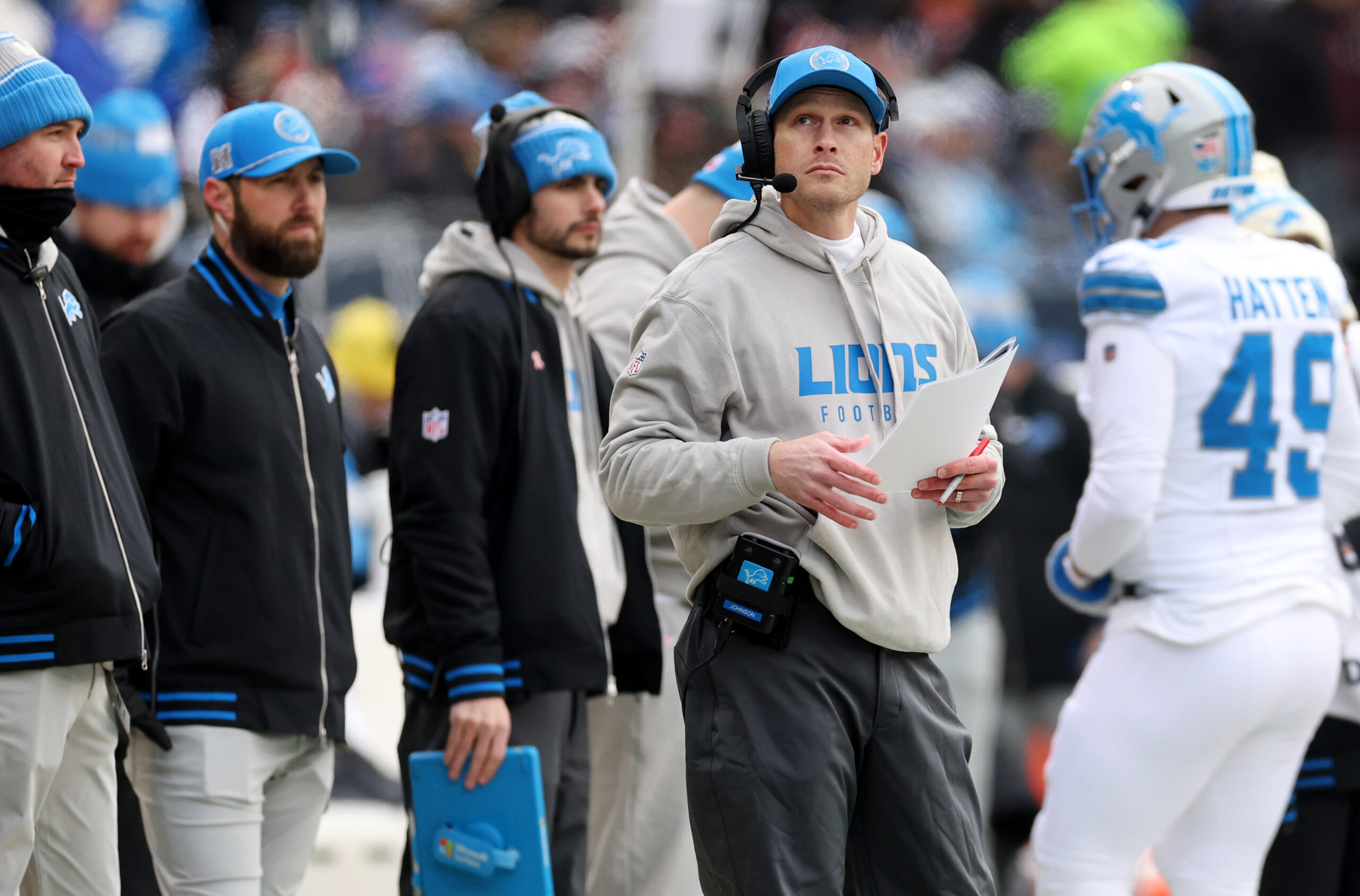 Detroit Lions offensive coordinator Ben Johnson works on the Lions...