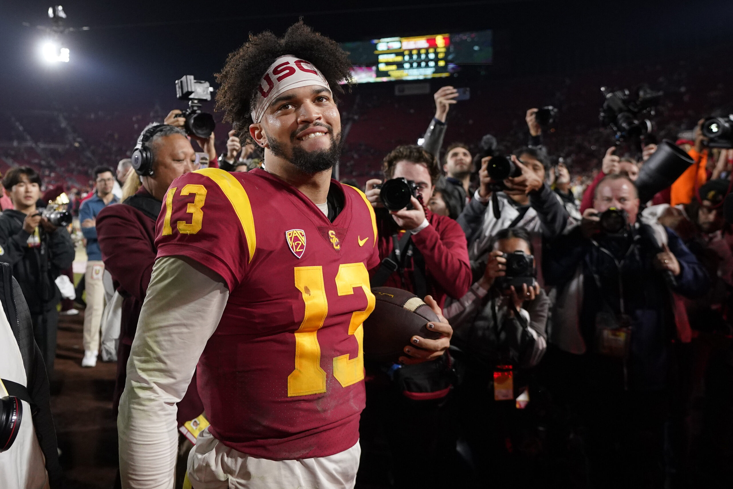 Quarterback Caleb Williams smiles after USC defeated Notre Dame 38-27...