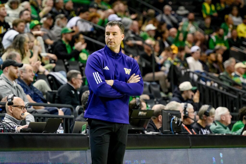 Jan 21, 2025; Eugene, Oregon, USA; Washington Huskies head coach Danny Sprinkle during the second half against the Oregon Ducks at Matthew Knight Arena. Mandatory Credit: Craig Strobeck-Imagn Images