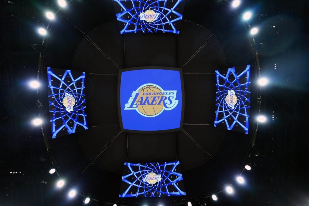 Mar 17, 2025; Los Angeles, California, USA; The Los Angeles Lakers logo on the Crypto.com Arena video board. Mandatory Credit: Kirby Lee-Imagn Images