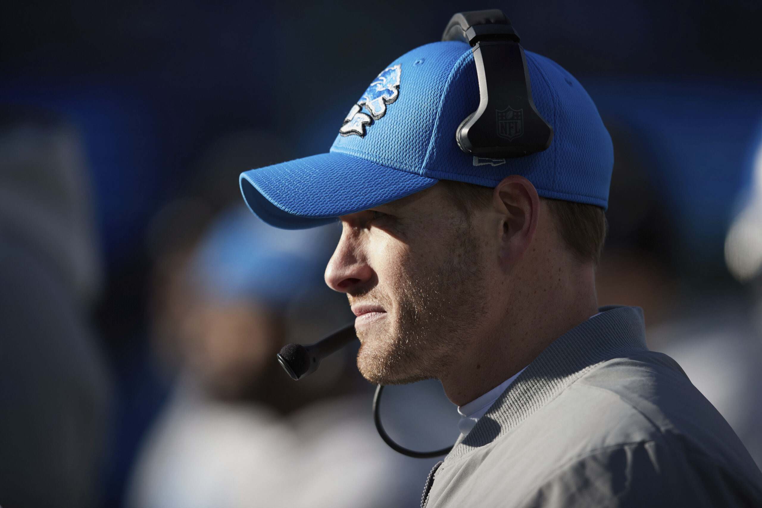 Lions offensive coordinator Ben Johnson watches from the sideline during...