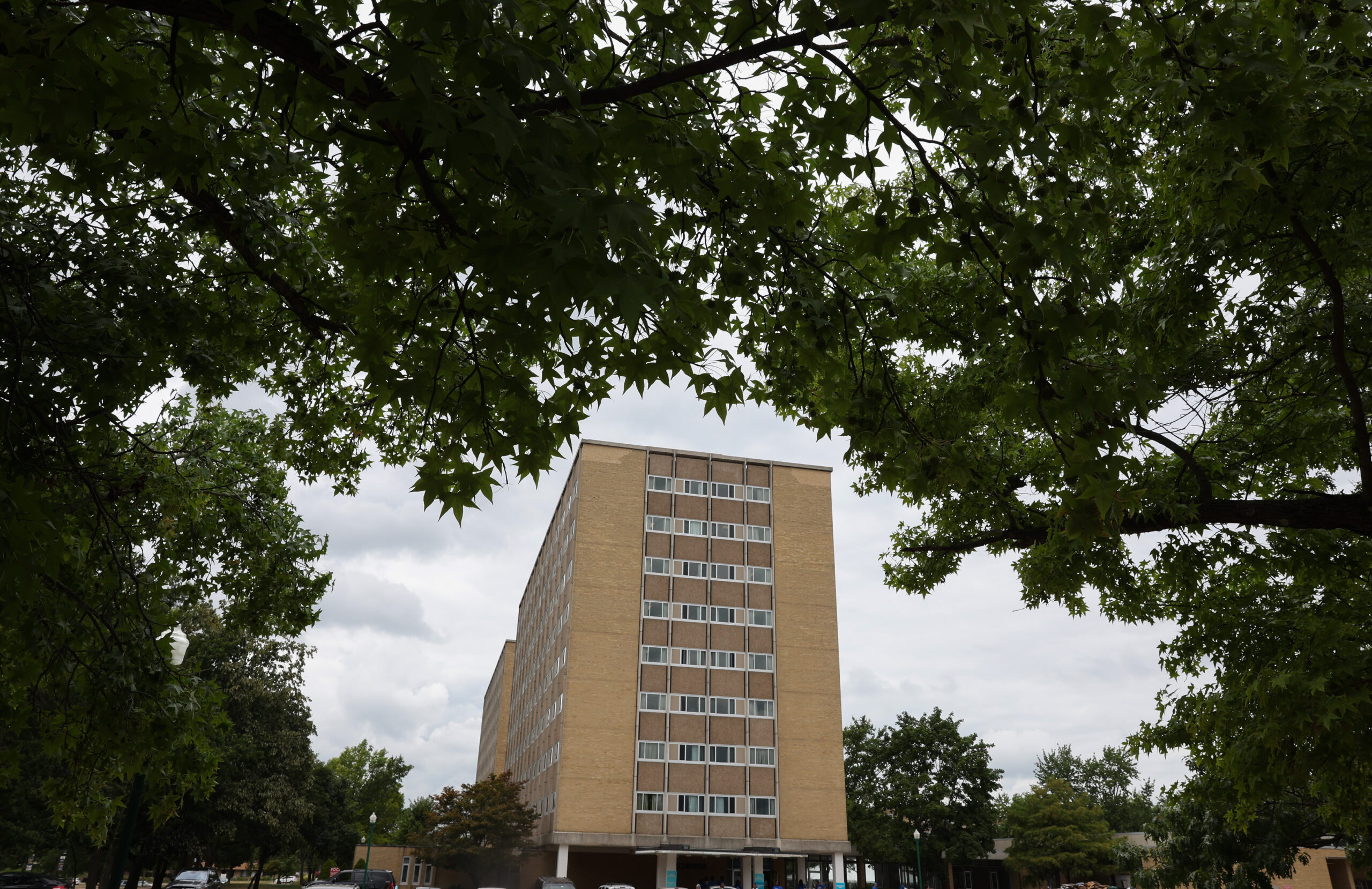 A tree canopy frames Andrews Hall on the Eastern Illinois...