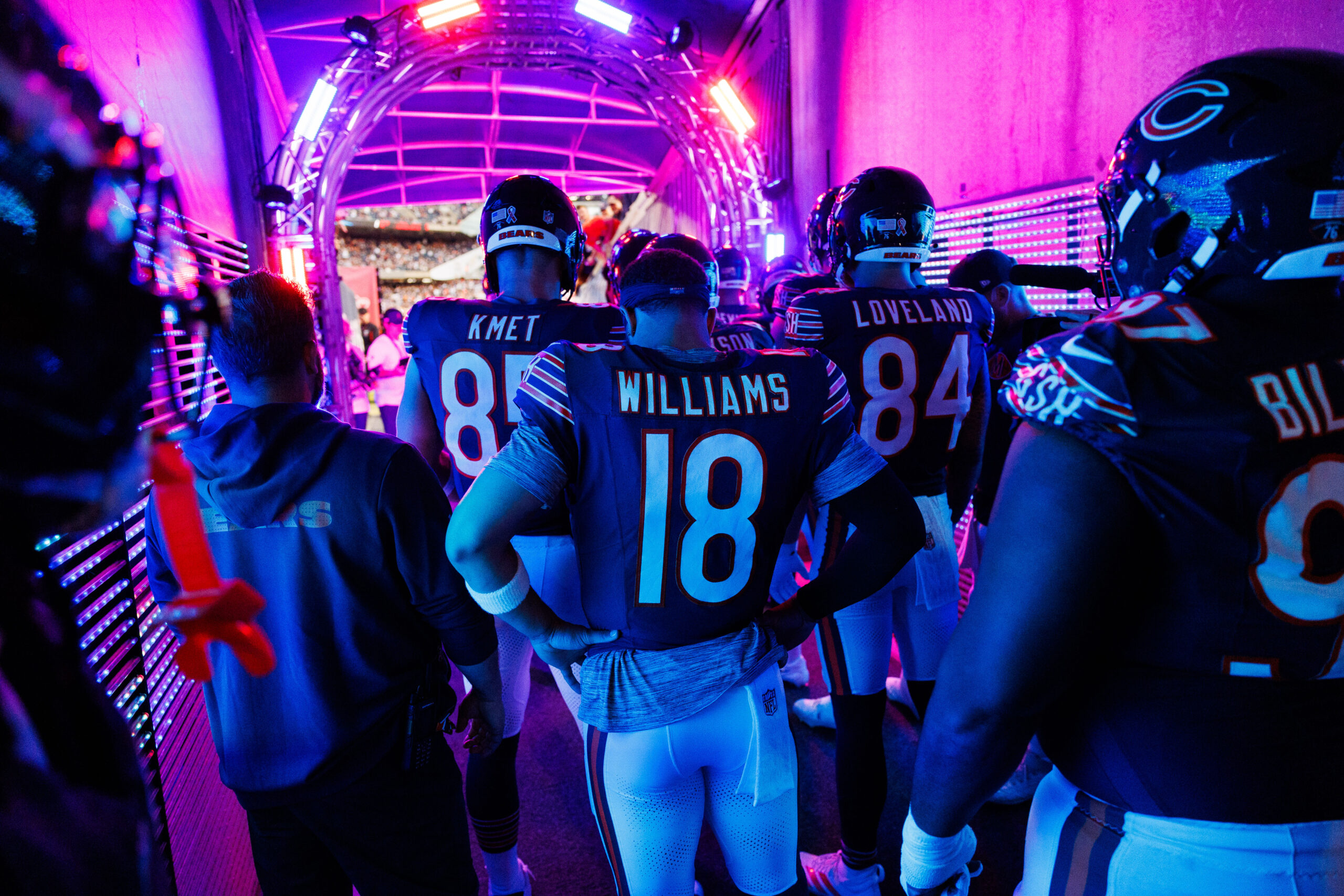 Chicago Bears quarterback Caleb Williams (18) waits to walk on...
