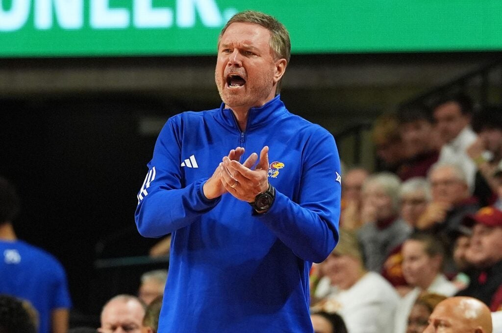 Kansas Jayhawks men's basketball head coach Bill Self reacts from the bench during the first half against Iowa State in the Big-12 men’s basketball showdown at Hilton Coliseum on Wednesday, Jan. 15, 2025 in Ames, Iowa. © Nirmalendu Majumdar/Ames Tribune / USA TODAY NETWORK via Imagn Images
