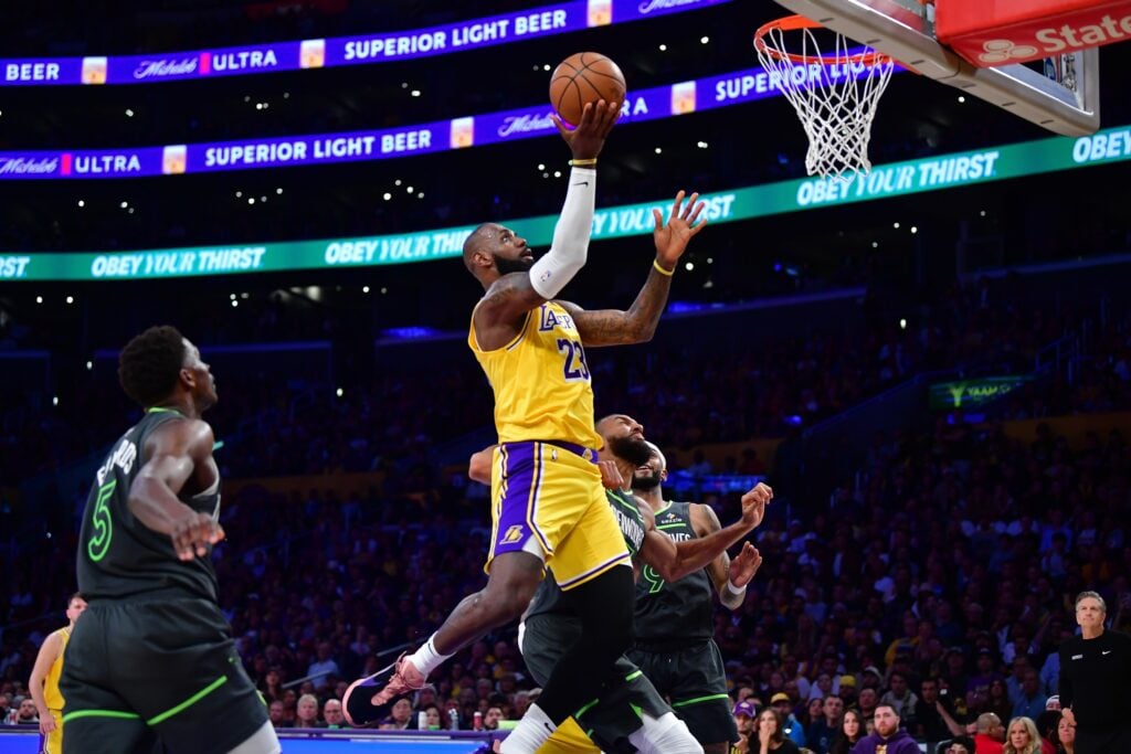 Apr 30, 2025; Los Angeles, California, USA; Los Angeles Lakers forward LeBron James (23) moves to the basket against the Minnesota Timberwolves during the first half in game five of first round for the 2025 NBA Playoffs at Crypto.com Arena. Mandatory Credit: Gary A. Vasquez-Imagn Images