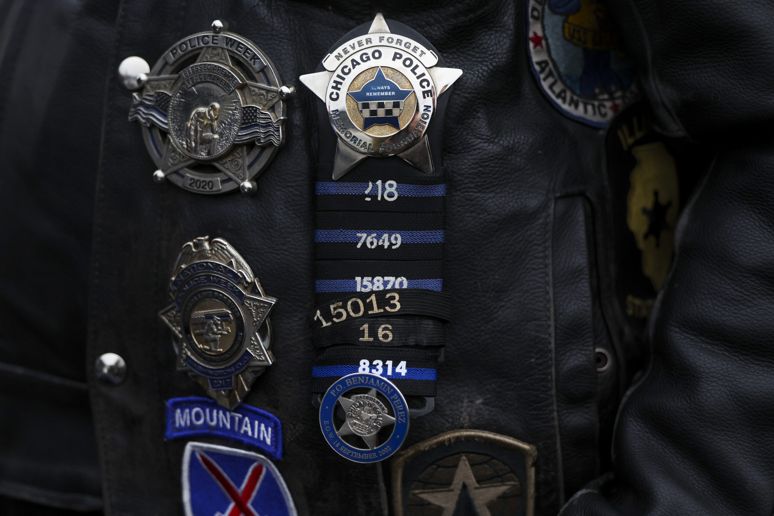 Dave Gier, of the Illinois Patriot Riders, wears mourning bands...