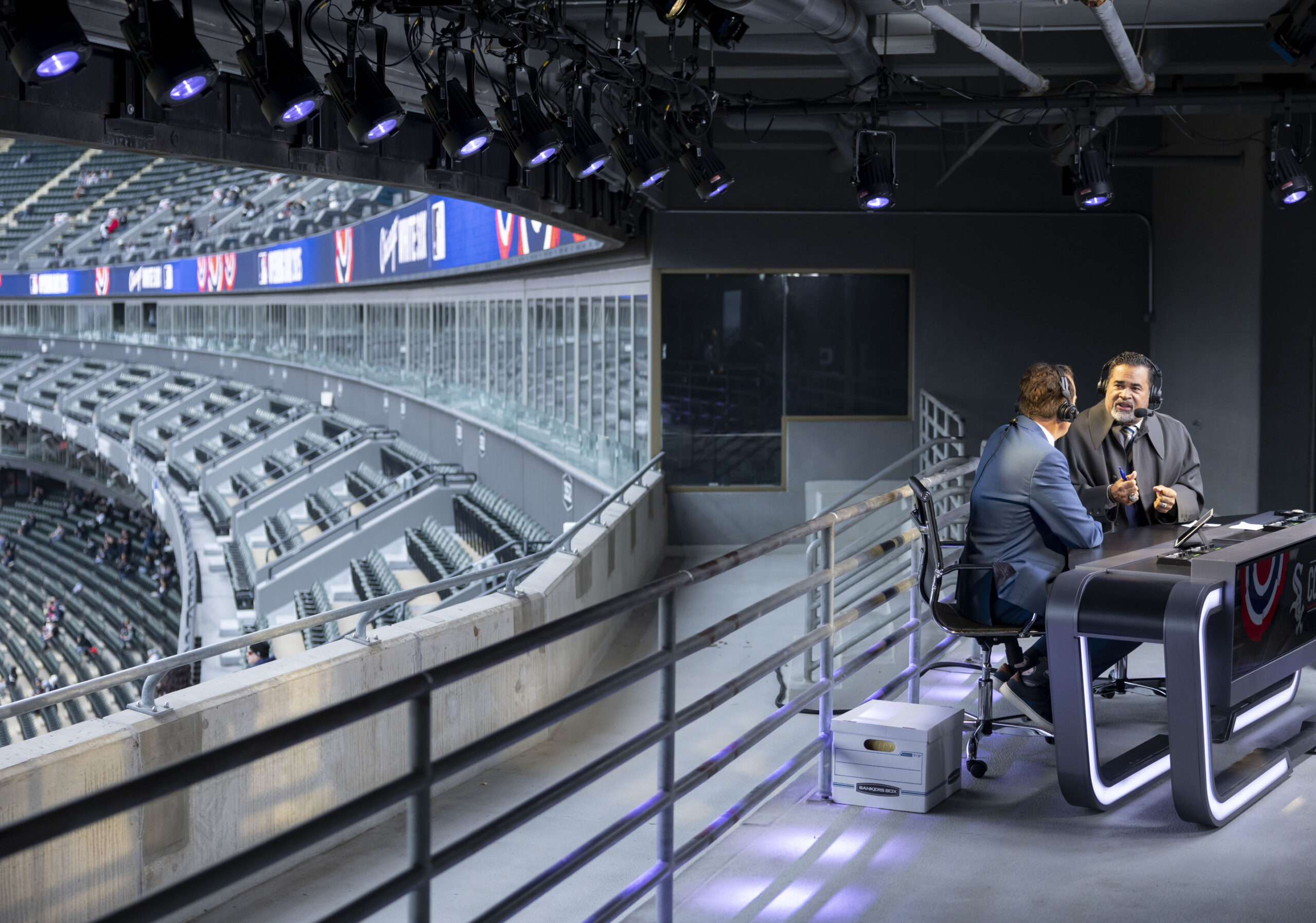 Chicago Sports Network hosts Chuck Garfien and Ozzie Guillen prepare...
