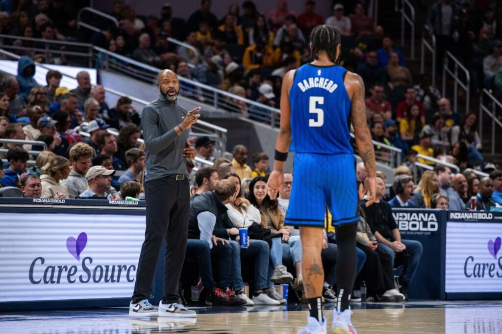 Jamahl Mosley and Paolo Banchero of the Orlando Magic, Mosley has prioritized Anthony Black's development this season